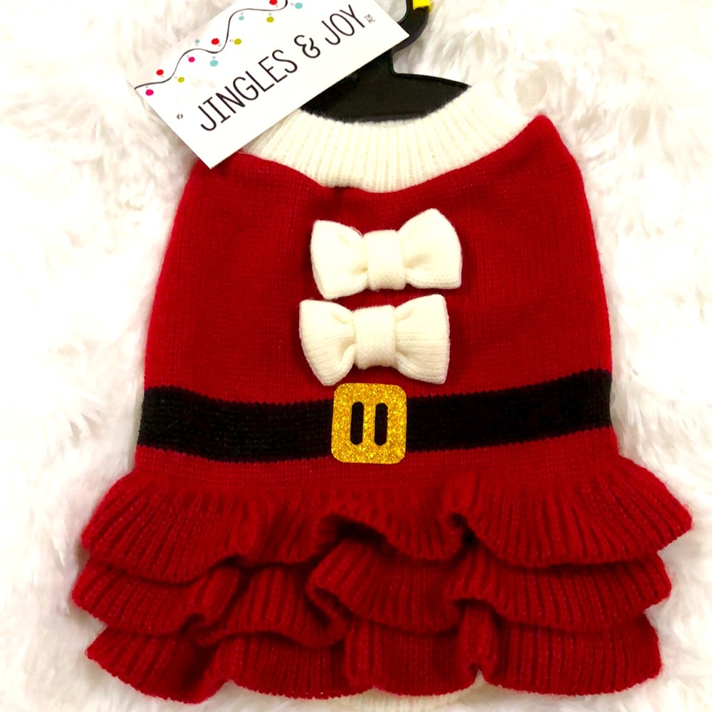 New Jingles & Joy Christmas dog sweater. Sz XS. Red/white/black/gold. Bows/belt.